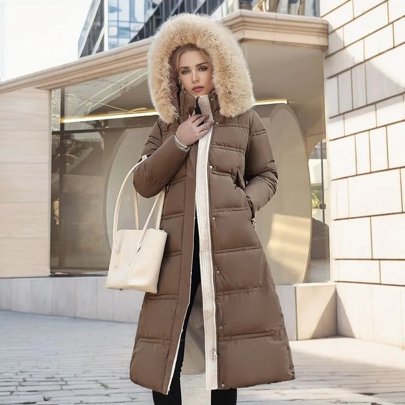 Long Faux Fur Coat with Quilted Puffer Insulation Fur-Trimmed Hood Matching Belt - Image 3