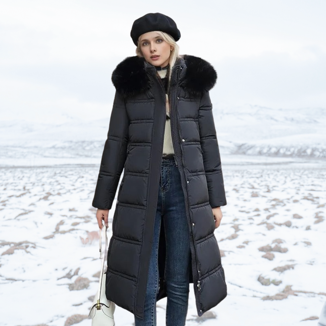 Long Faux Fur Coat with Quilted Puffer Insulation Fur-Trimmed Hood Matching Belt - Image 4