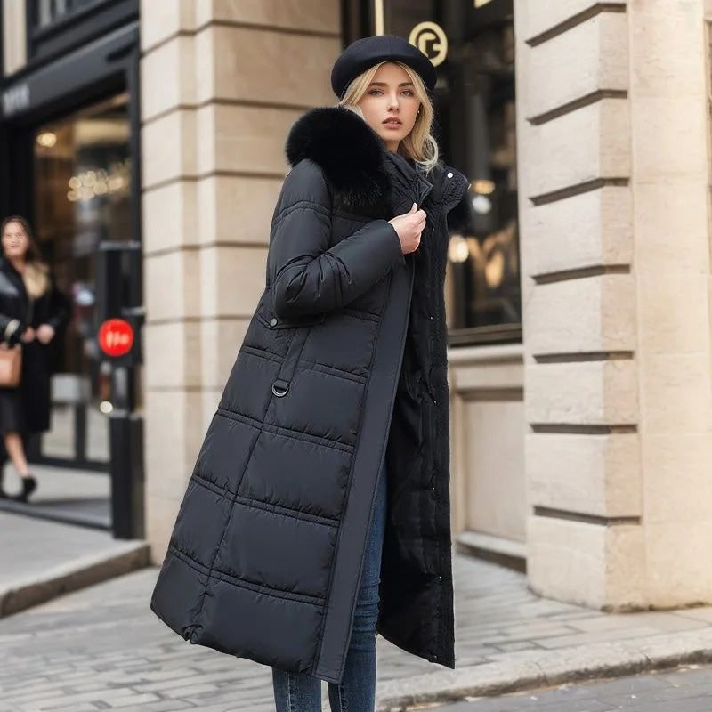 Long Faux Fur Coat with Quilted Puffer Insulation Fur-Trimmed Hood Matching Belt - Image 5