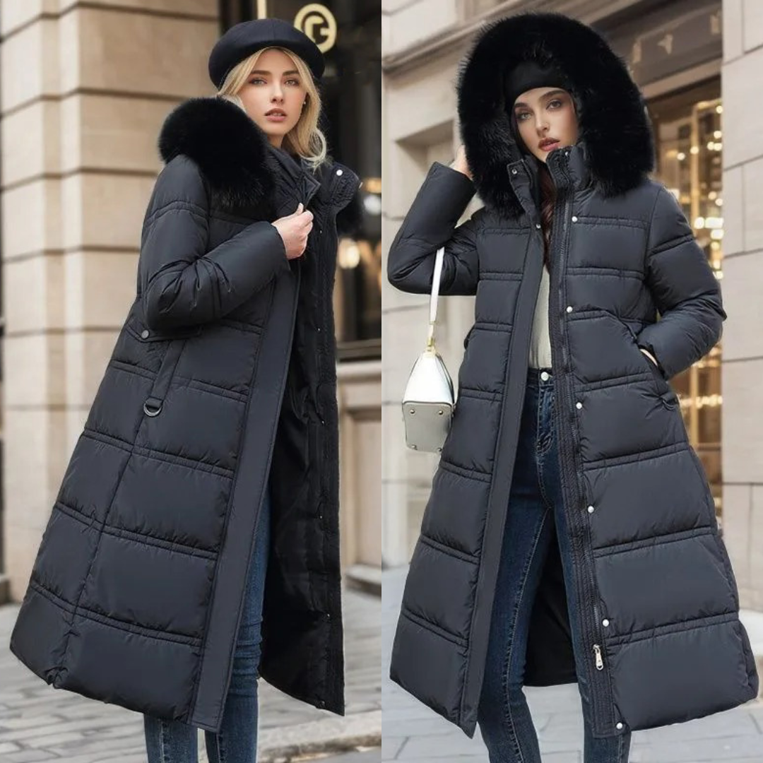 Long Faux Fur Coat with Quilted Puffer Insulation Fur-Trimmed Hood Matching Belt - Image 6