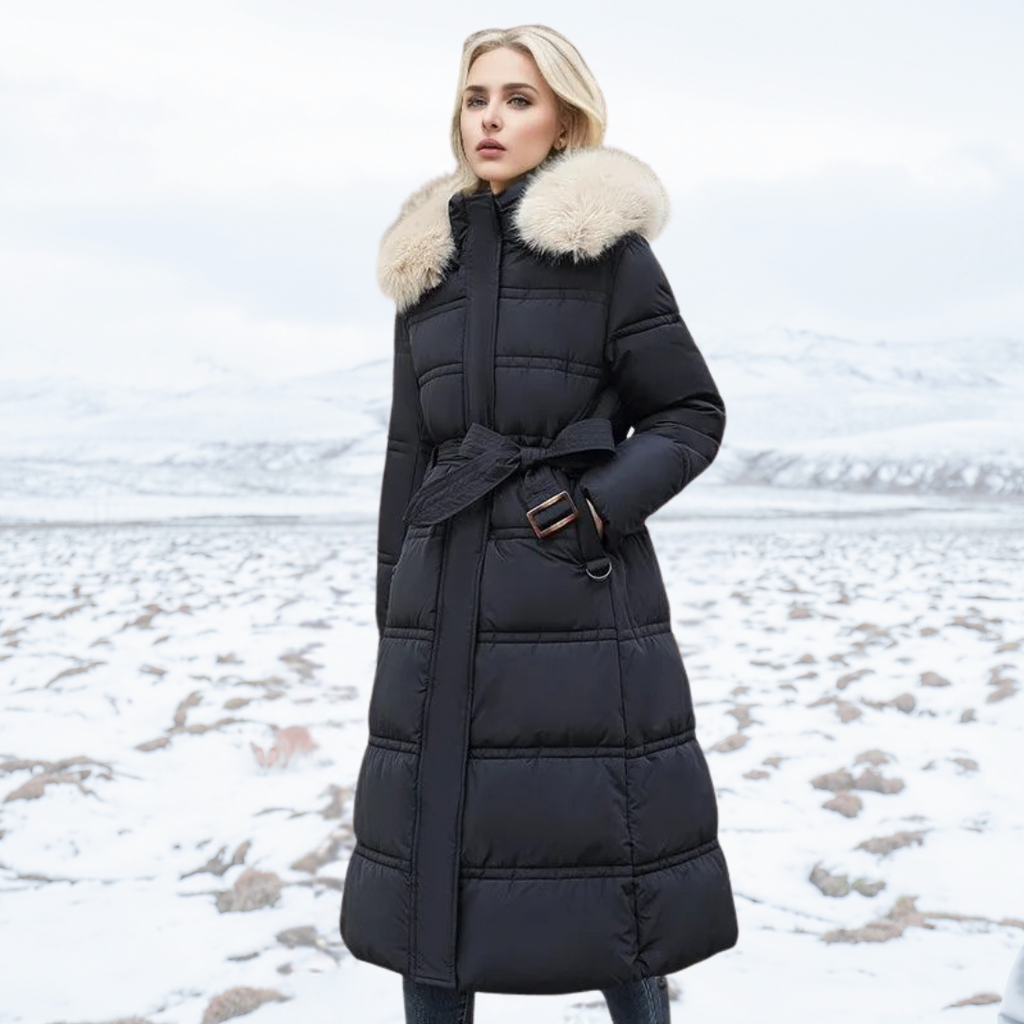 Long Faux Fur Coat with Quilted Puffer Insulation Fur-Trimmed Hood Matching Belt - Image 7