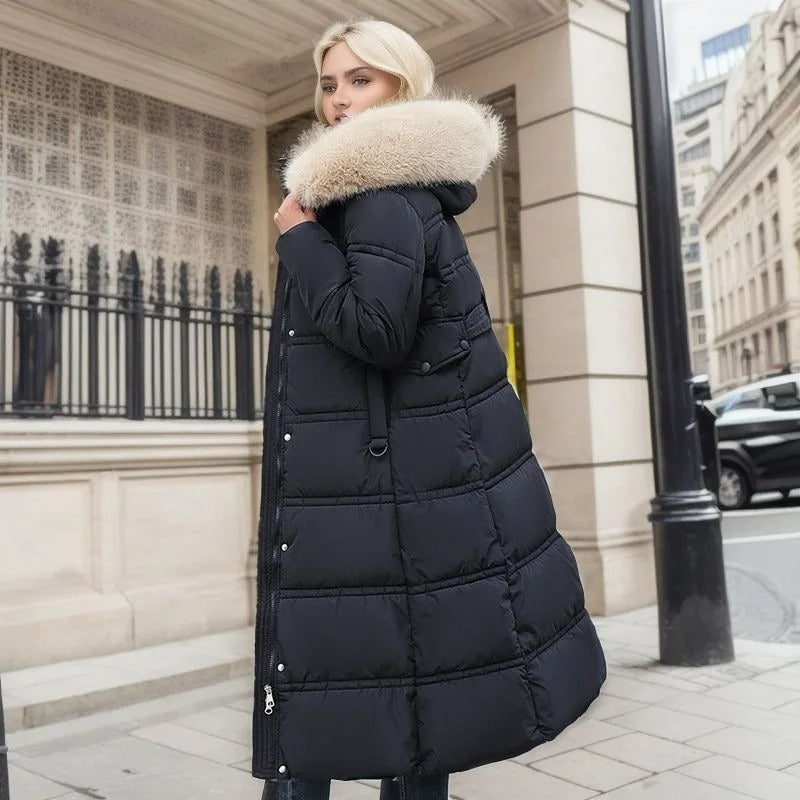 Long Faux Fur Coat with Quilted Puffer Insulation Fur-Trimmed Hood Matching Belt - Image 8