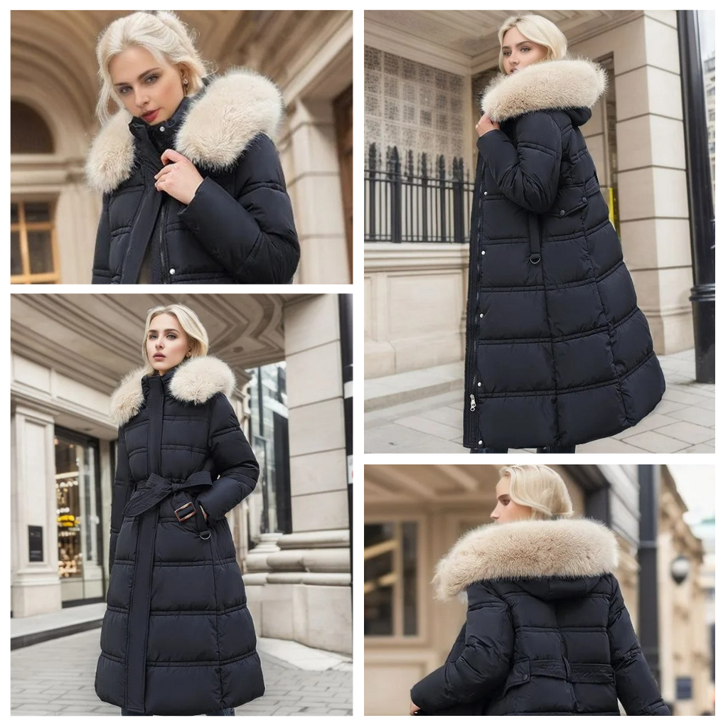 Long Faux Fur Coat with Quilted Puffer Insulation Fur-Trimmed Hood Matching Belt - Image 9