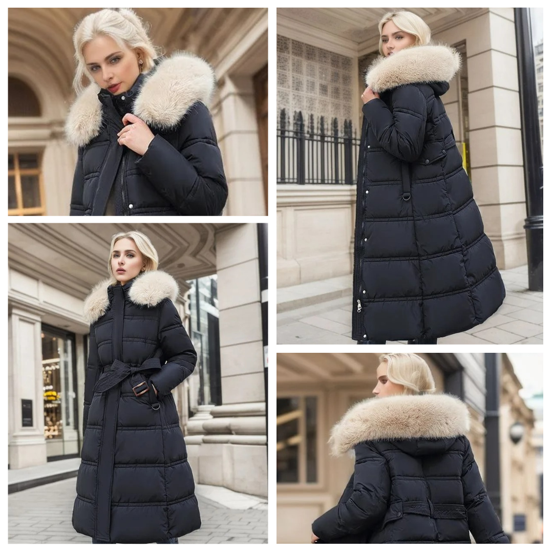 Long Faux Fur Coat with Quilted Puffer Insulation Fur-Trimmed Hood Matching Belt - Image 9