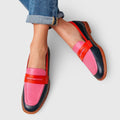 Low Heel Womens Loafers Casual Penny Colorblock Leather Slip Rounded Toe Slip-on - Image 1