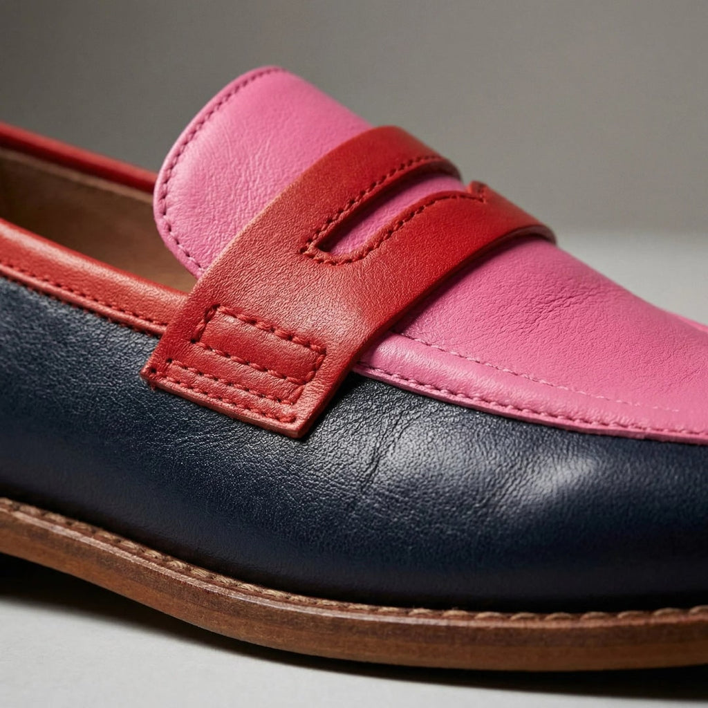 Low Heel Womens Loafers Casual Penny Colorblock Leather Slip Rounded Toe Slip-on - Image 3