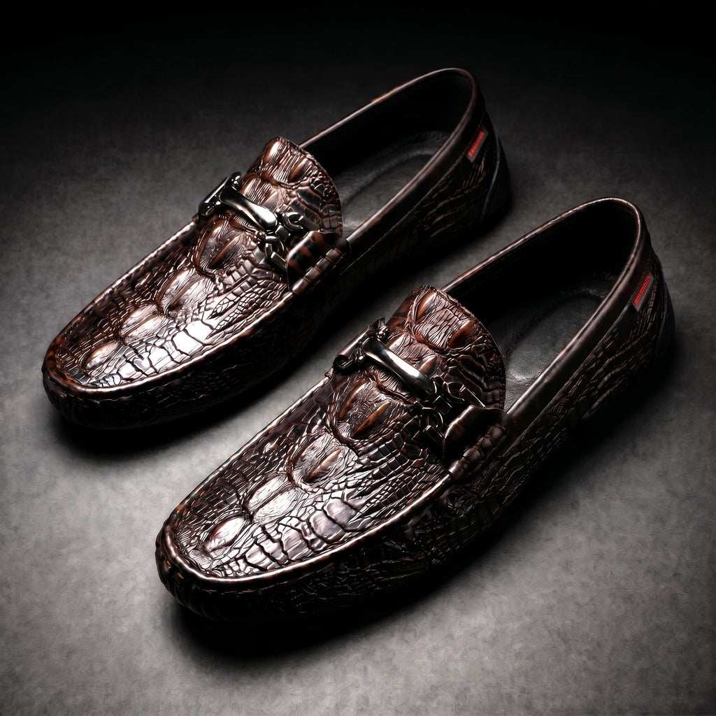 Men's Black Dress Shoes Loafers with Croc Embossed Leather and Metal Bit Detail - Image 1