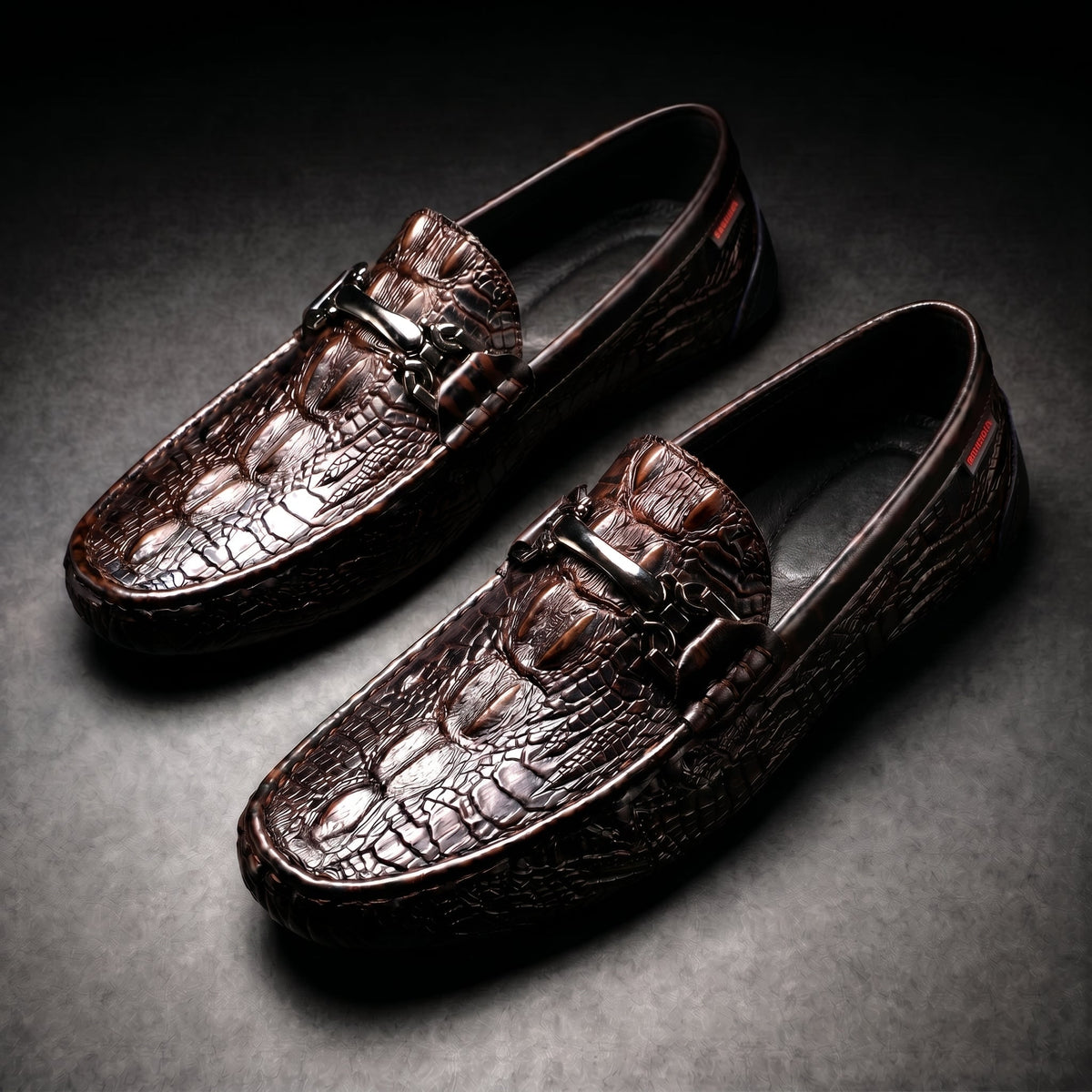 Men's Black Dress Shoes Loafers with Croc Embossed Leather and Metal Bit Detail - Image 1
