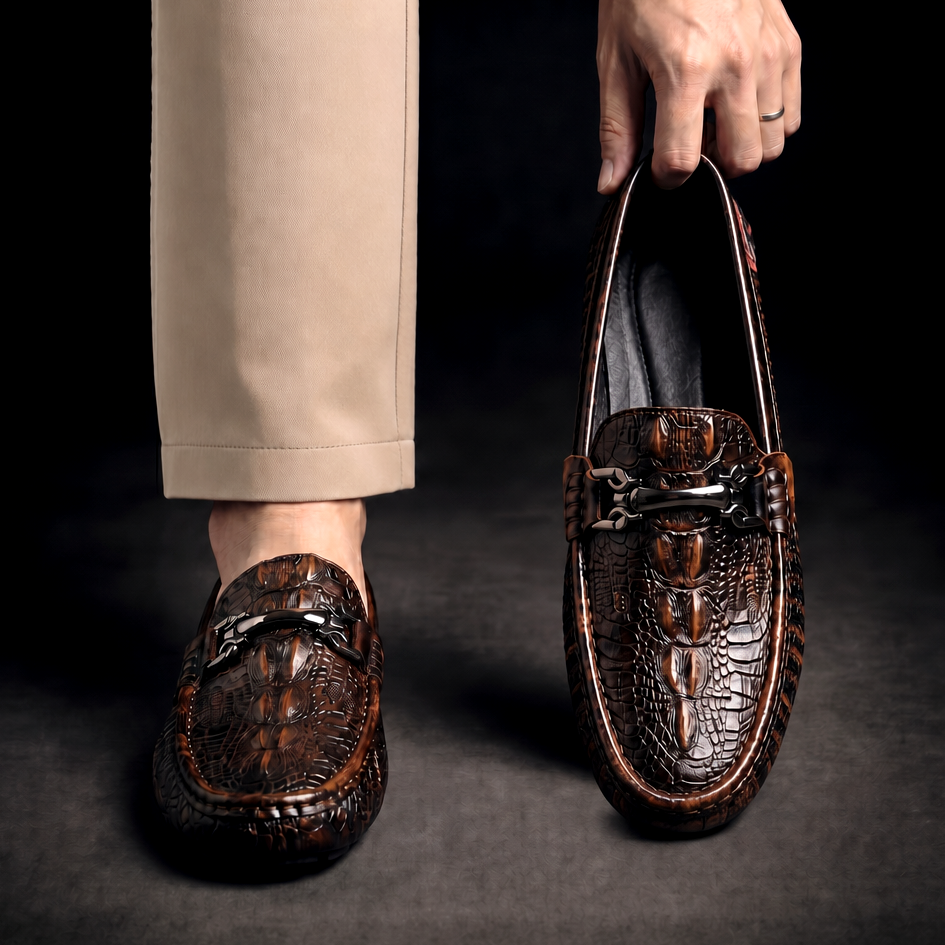 Men's Black Dress Shoes Loafers with Croc Embossed Leather and Metal Bit Detail - Image 2