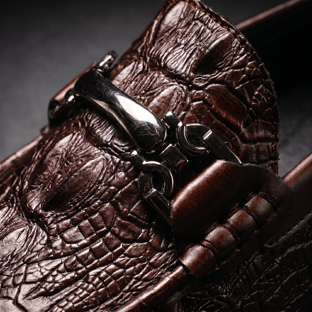 Men's Black Dress Shoes Loafers with Croc Embossed Leather and Metal Bit Detail - Image 3
