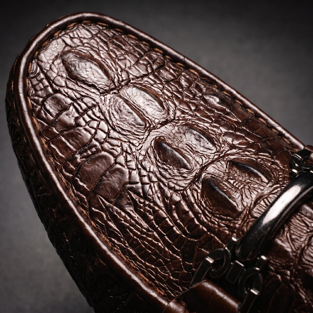 Men's Black Dress Shoes Loafers with Croc Embossed Leather and Metal Bit Detail - Image 4