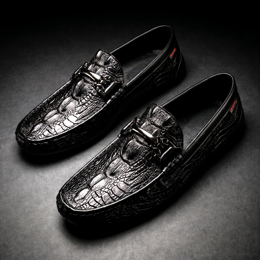 Men's Black Dress Shoes Loafers with Croc Embossed Leather and Metal Bit Detail - Image 5