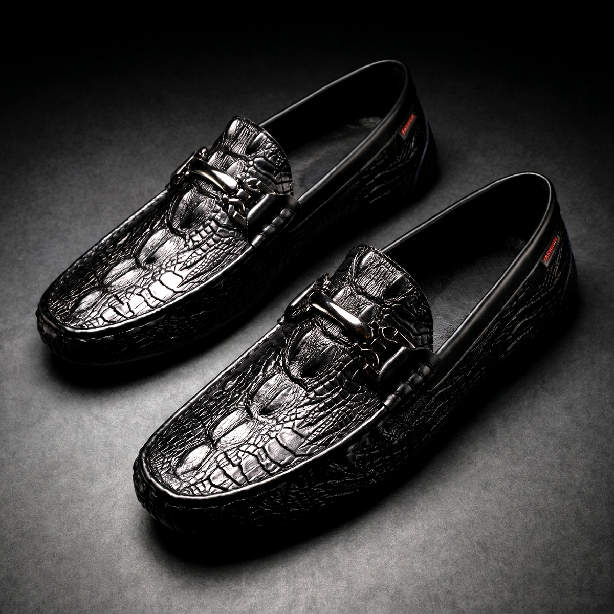 Men's Black Dress Shoes Loafers with Croc Embossed Leather and Metal Bit Detail - Image 5