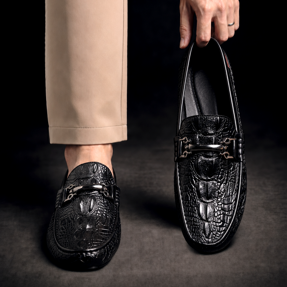 Men's Black Dress Shoes Loafers with Croc Embossed Leather and Metal Bit Detail - Image 6