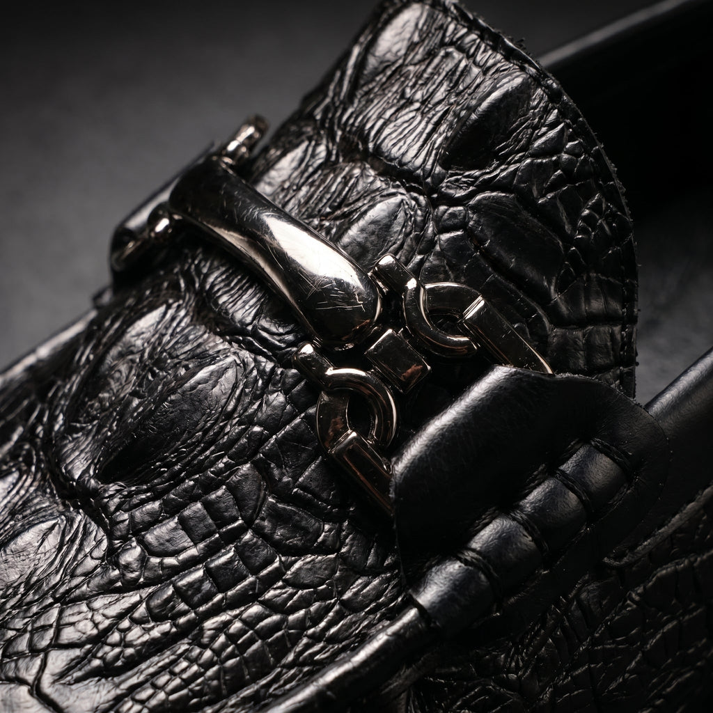 Men's Black Dress Shoes Loafers with Croc Embossed Leather and Metal Bit Detail - Image 7