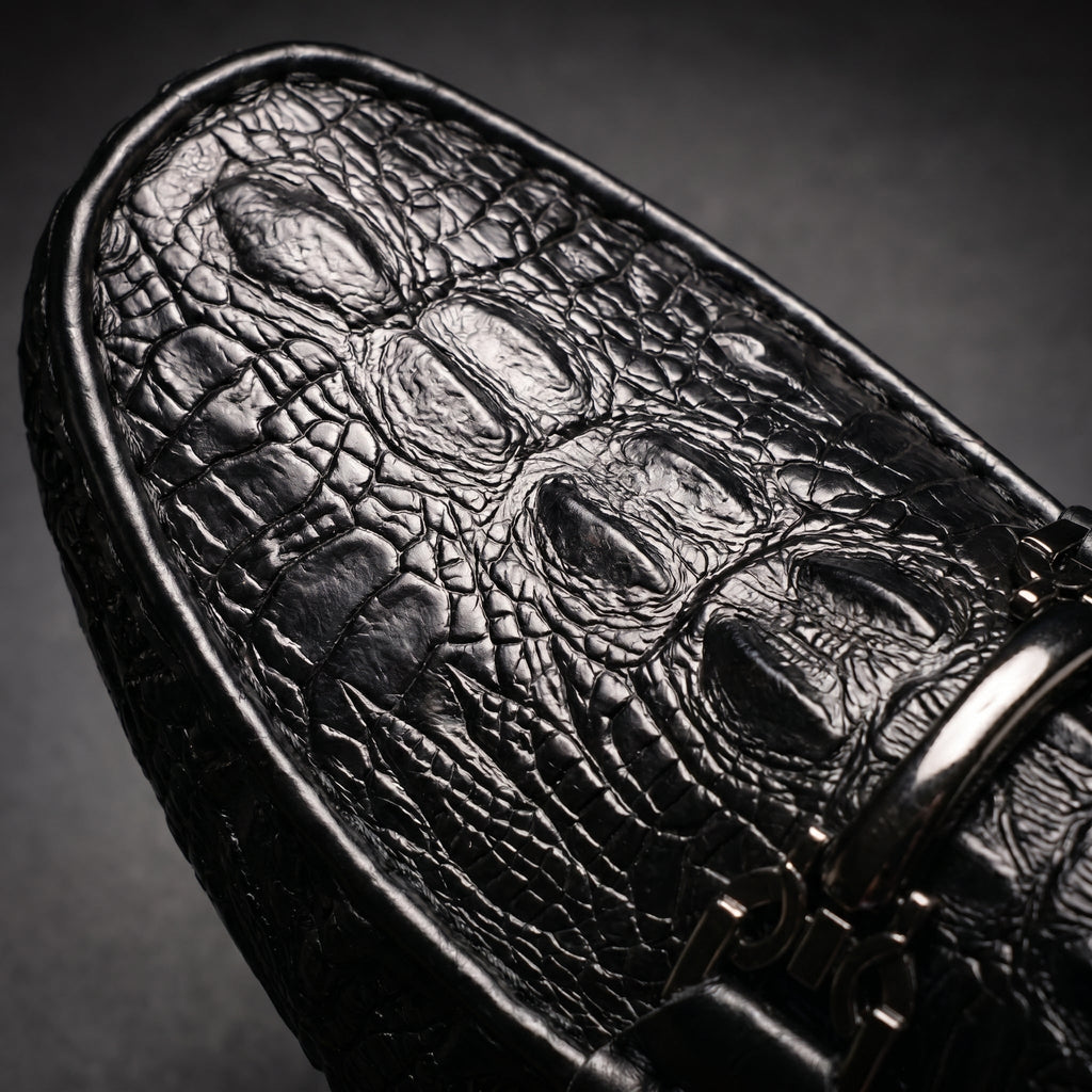 Men's Black Dress Shoes Loafers with Croc Embossed Leather and Metal Bit Detail - Image 8