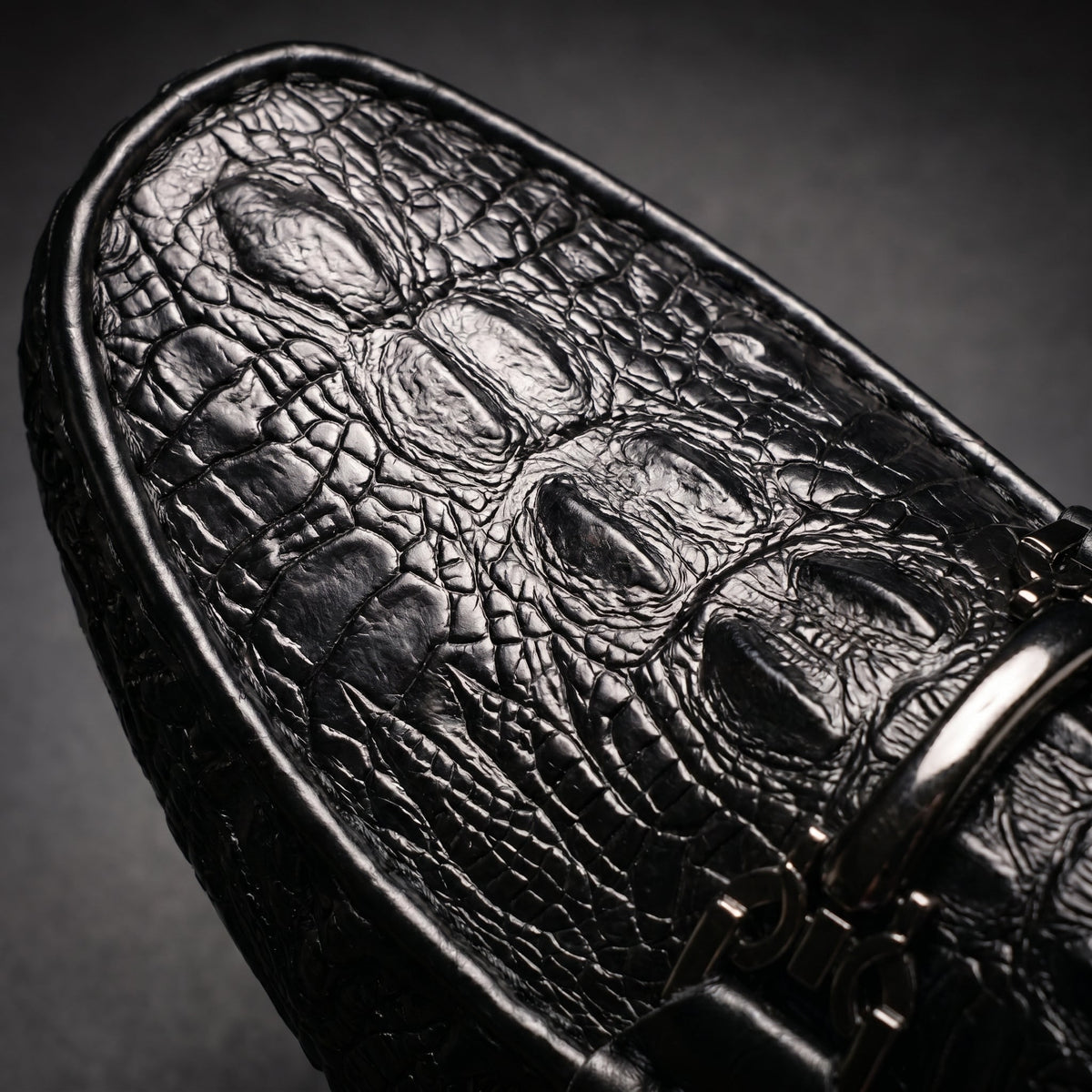 Men's Black Dress Shoes Loafers with Croc Embossed Leather and Metal Bit Detail - Image 8