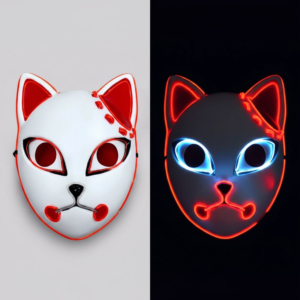 Men's Halloween LED Fox Kitsune Mask with Light-Up Japanese Demon Design for Cosplay Party Costume - Image 1