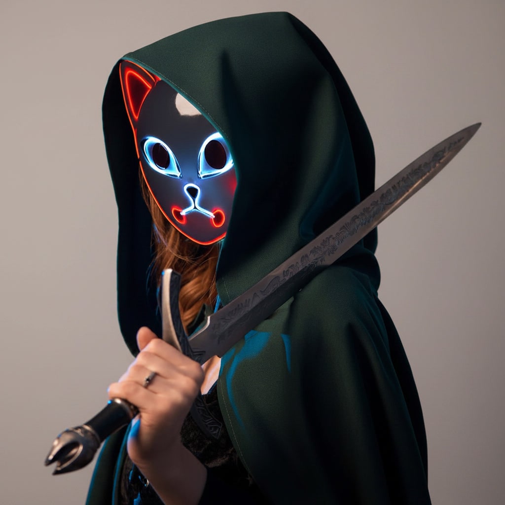 Men's Halloween LED Fox Kitsune Mask with Light-Up Japanese Demon Design for Cosplay Party Costume - Image 12