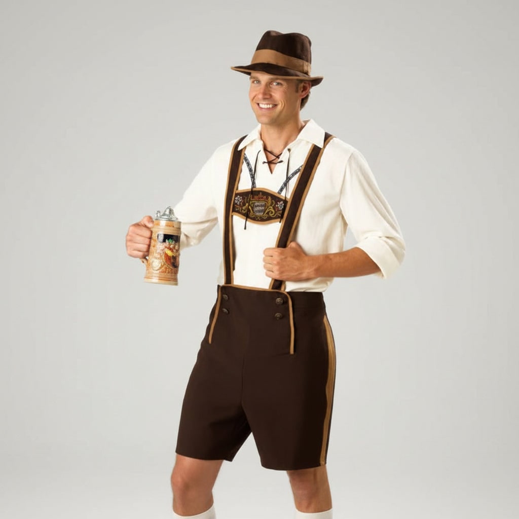 Men's Halloween Oktoberfest Costume Outfit with Lederhosen Dirndl Suspenders and Lace-Up Corset Bodice - Image 1