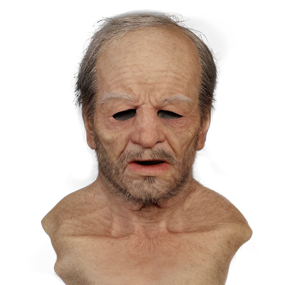 Men's Halloween Realistic Silicone Old Man Mask with Facial Hair and Chest Bib - Image 7