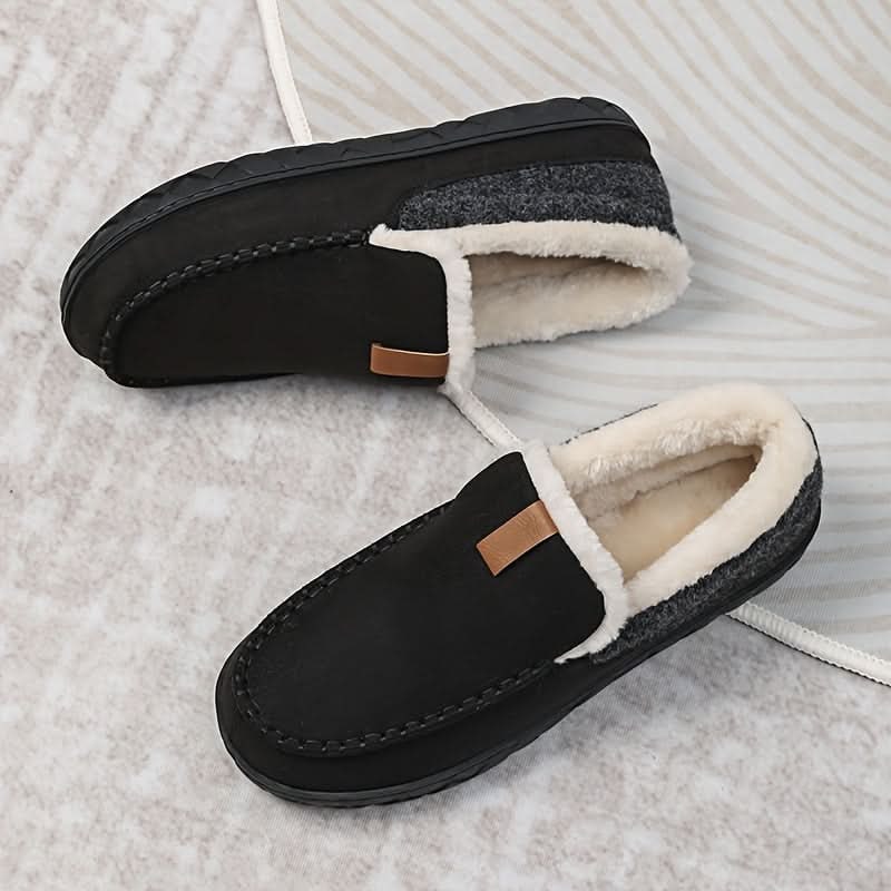 Mens House Slippers Moccasin Slip-On Fleece Rubber Sole Suede Warm - Image 1