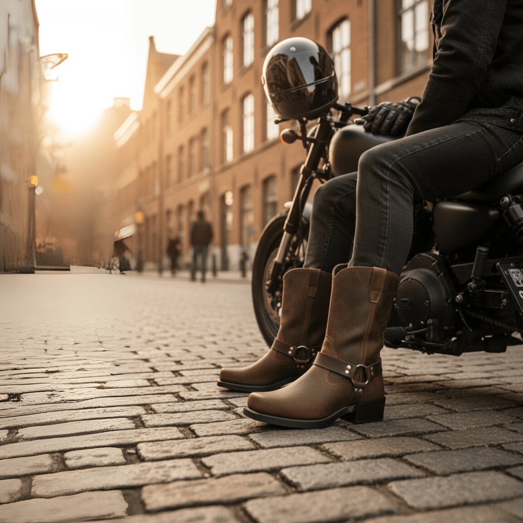 Mens Motorcycle Harness Boots Square Toe Leather Studs Pull - Image 4