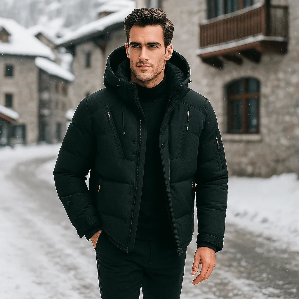 Men's Quilted Winter Jacket with Adjustable Hood and Zippered Pockets - Image 1
