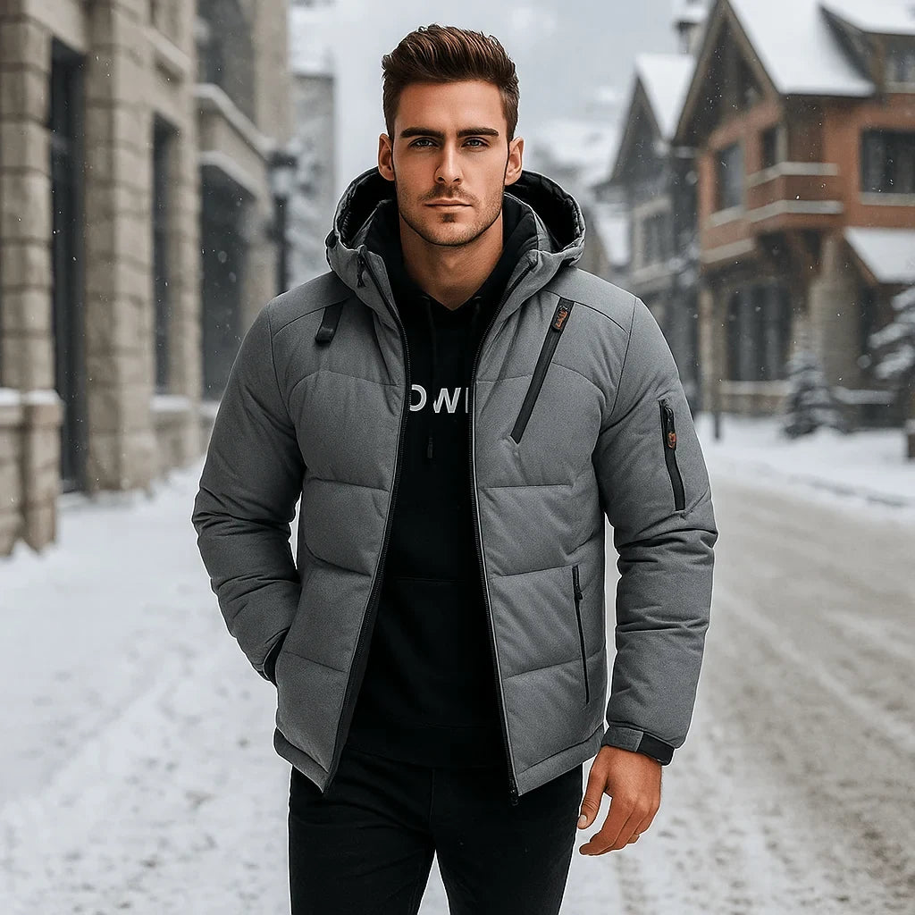 Men's Quilted Winter Jacket with Adjustable Hood and Zippered Pockets - Image 2