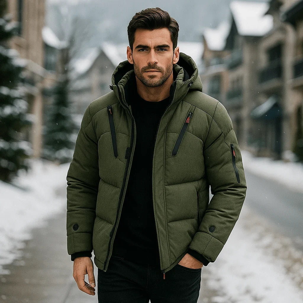 Men's Quilted Winter Jacket with Adjustable Hood and Zippered Pockets - Image 3