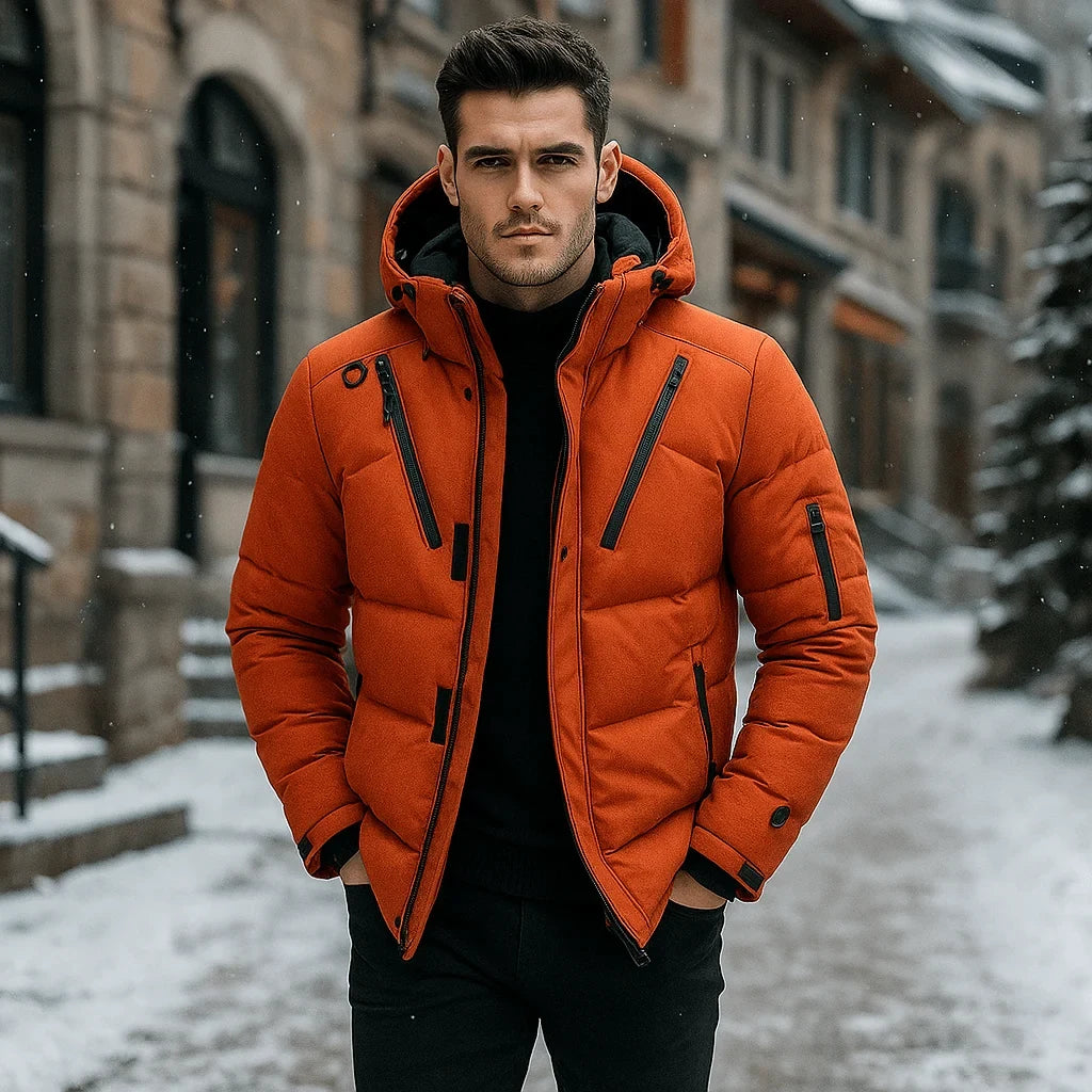Men's Quilted Winter Jacket with Adjustable Hood and Zippered Pockets - Image 4