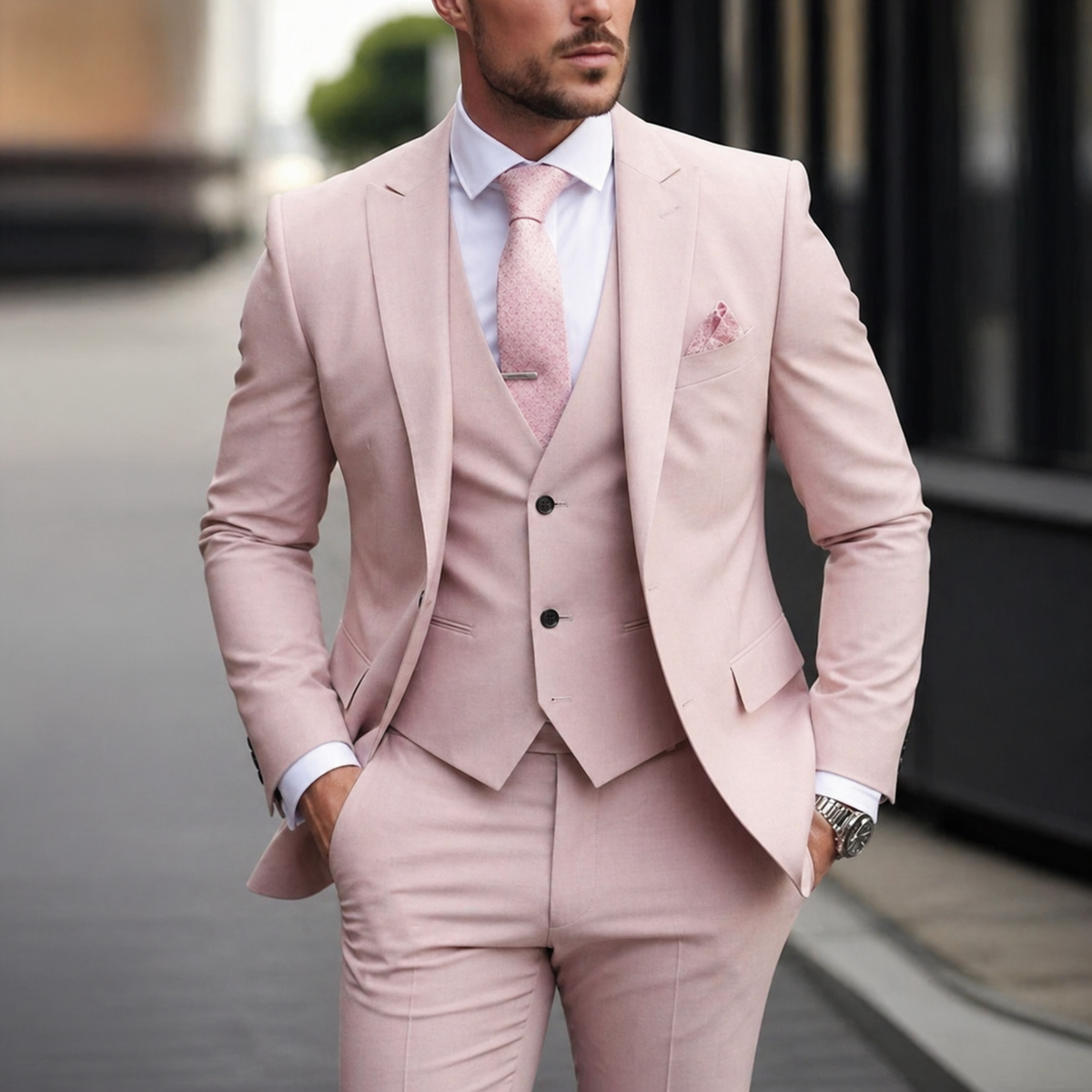 Men's Three Piece Dress Suit with Slim Fit Single Breasted Blazer and Matching Waistcoat - Image 12