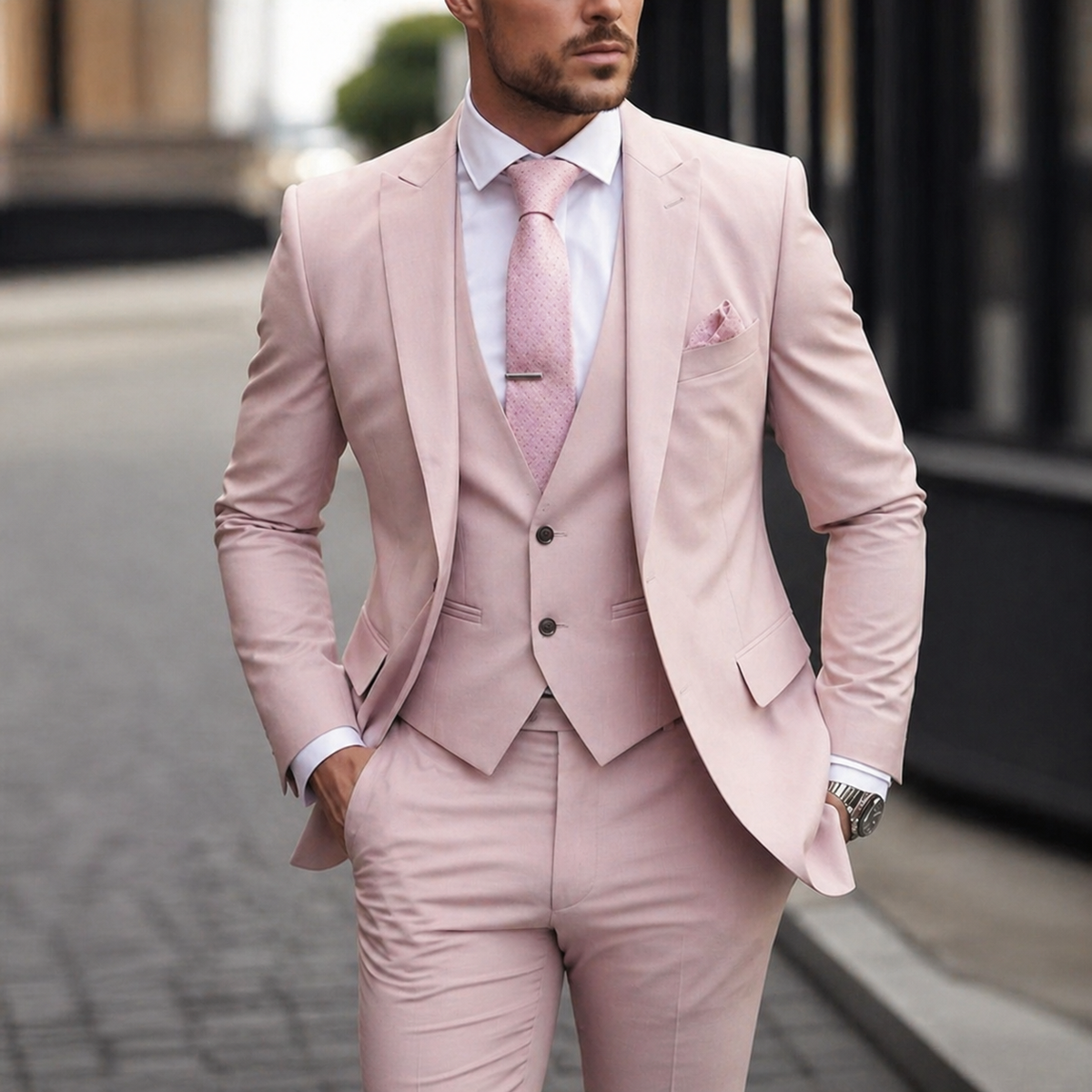 Men's Three Piece Dress Suit with Slim Fit Single Breasted Blazer and Matching Waistcoat - Image 7