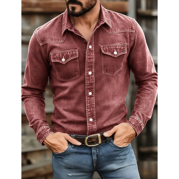 Men's Western Denim Shirt Long Sleeve with Snap Pockets and Point Collar - Image 1