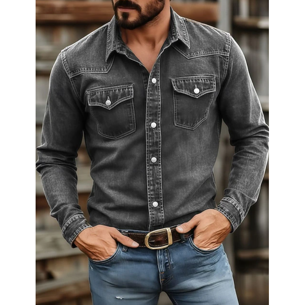 Men's Western Denim Shirt Long Sleeve with Snap Pockets and Point Collar - Image 2
