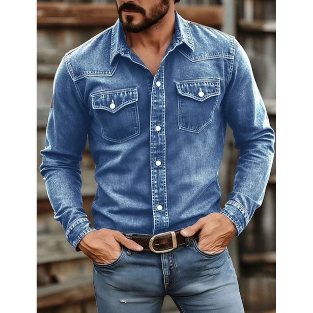 Men's Western Denim Shirt Long Sleeve with Snap Pockets and Point Collar - Image 3