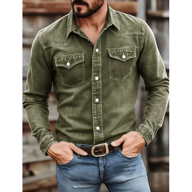 Men's Western Denim Shirt Long Sleeve with Snap Pockets and Point Collar - Image 4