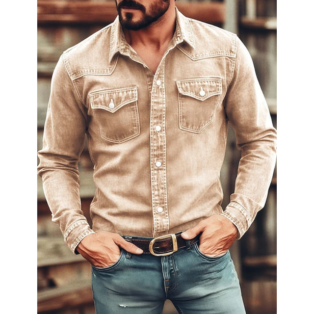 Men's Western Denim Shirt Long Sleeve with Snap Pockets and Point Collar - Image 5