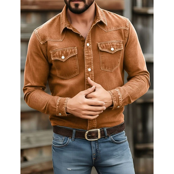 Men's Western Denim Shirt Long Sleeve with Snap Pockets and Point Collar - Image 6