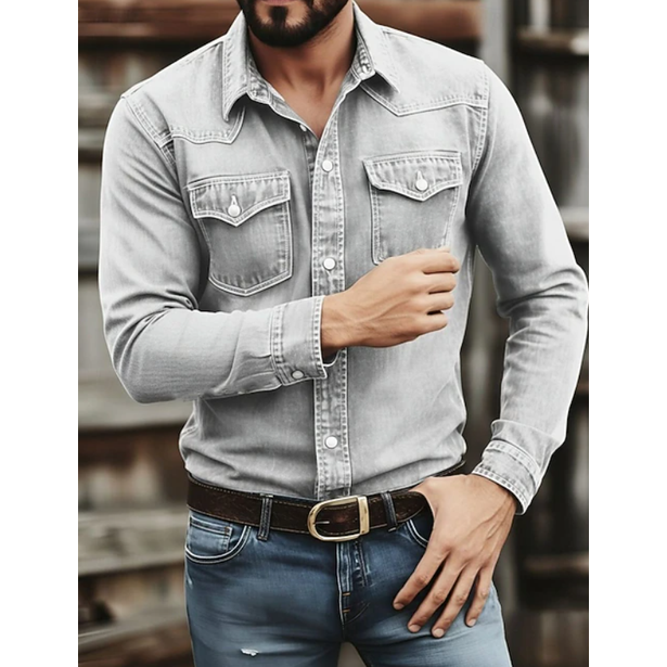 Men's Western Denim Shirt Long Sleeve with Snap Pockets and Point Collar - Image 7