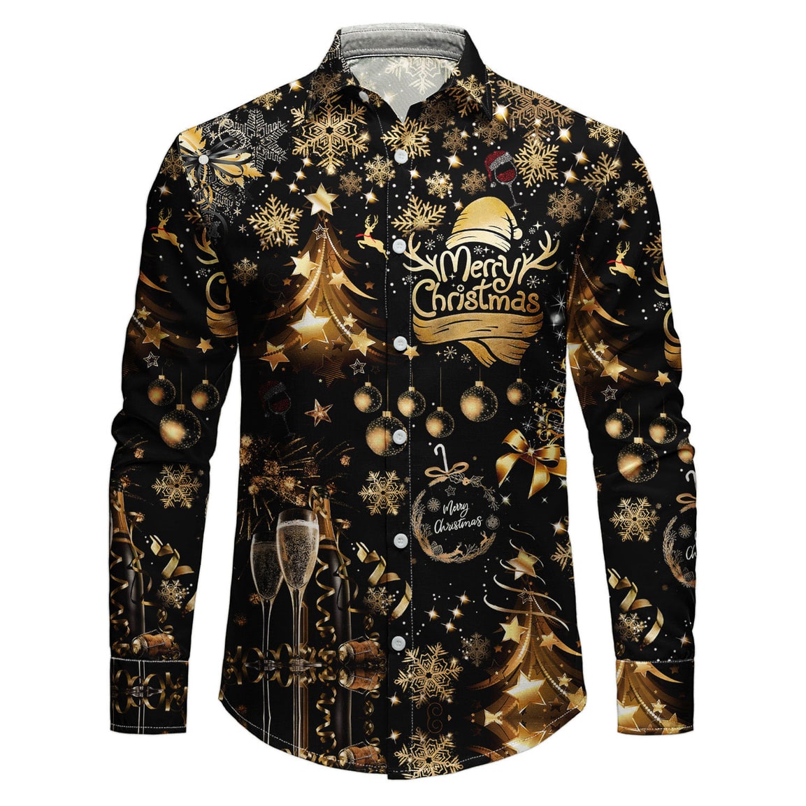 Men's White Button Up Christmas Shirt with Holiday Print and Spread Collar - Image 1