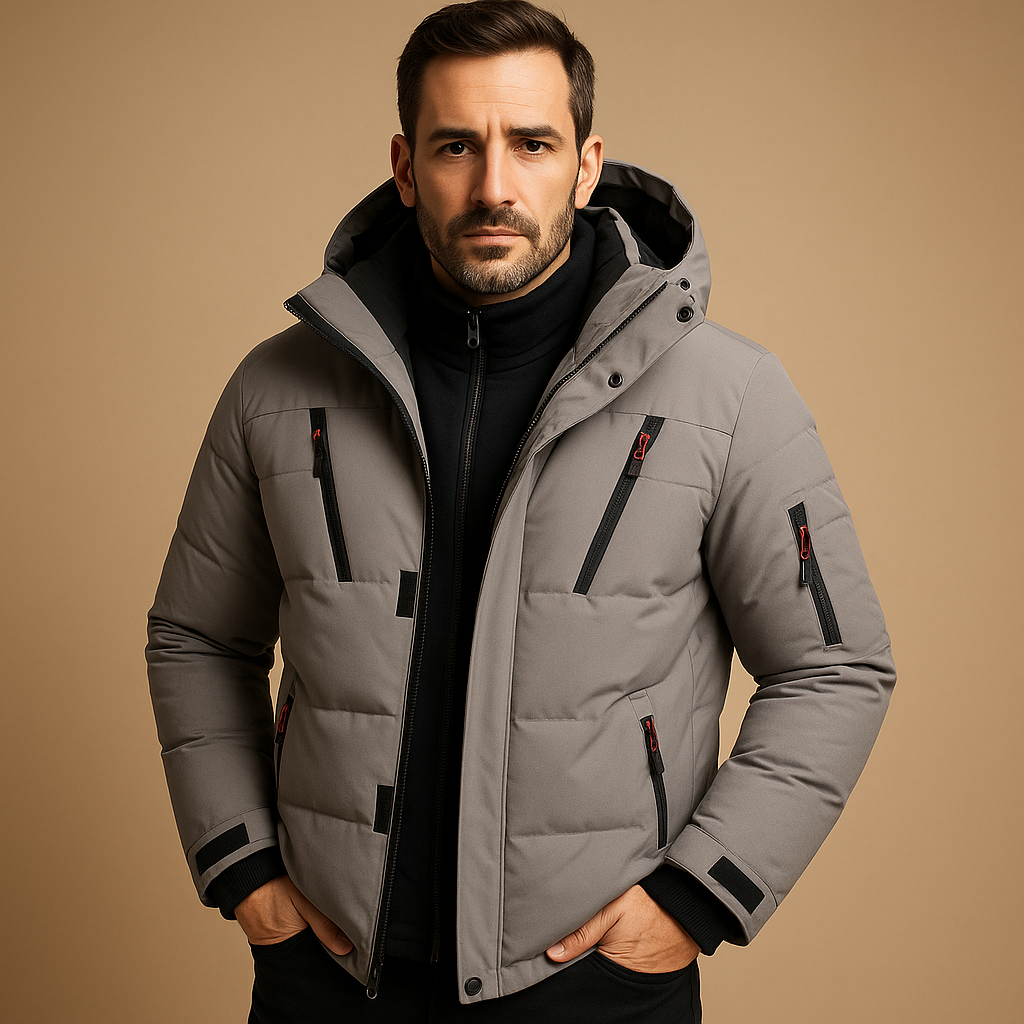 Men's Winter Jacket Hooded Puffer with Quilted Design and Multiple Zip Pockets - Image 2