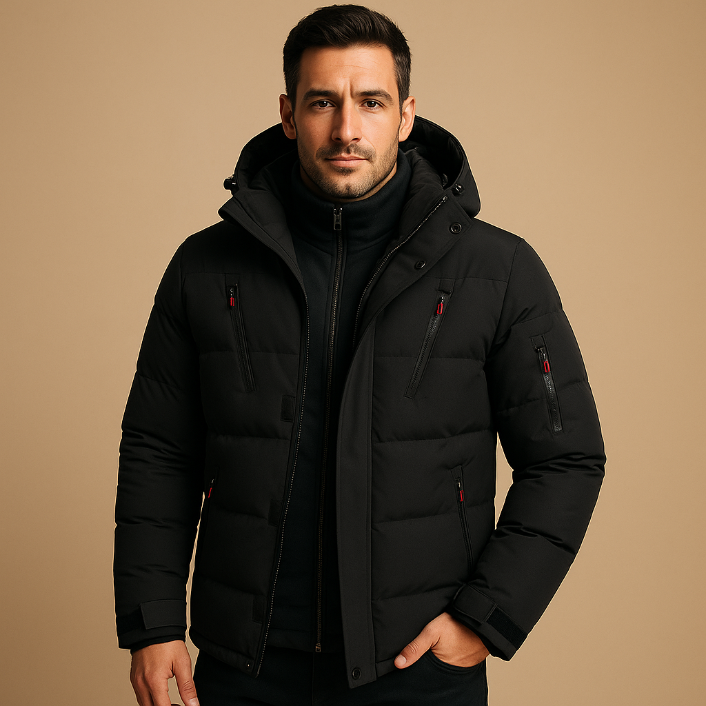 Men's Winter Jacket Hooded Puffer with Quilted Design and Multiple Zip Pockets - Image 3