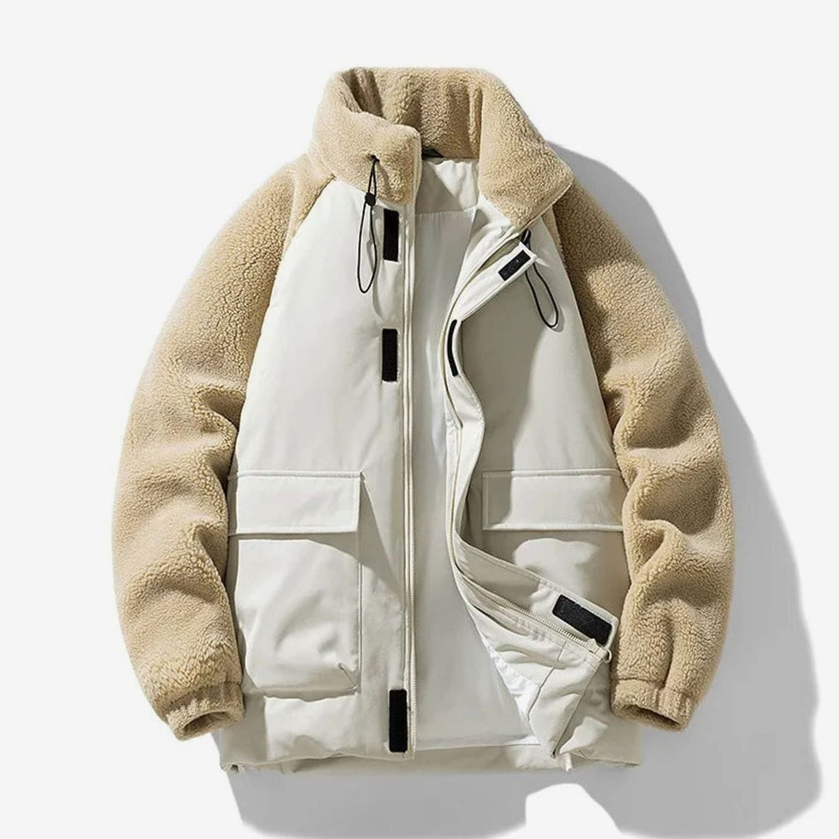 Men's Winter Jacket with Sherpa Fleece Sleeves and Color-Block Design - Image 1