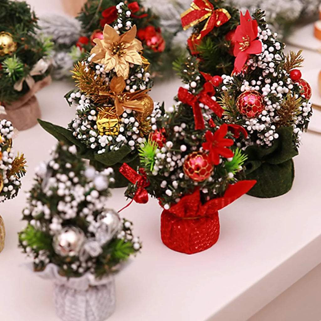 Mini Christmas Tree Tabletop Artificial with Decorative Poinsettia Baubles and Snow Beads - Image 2