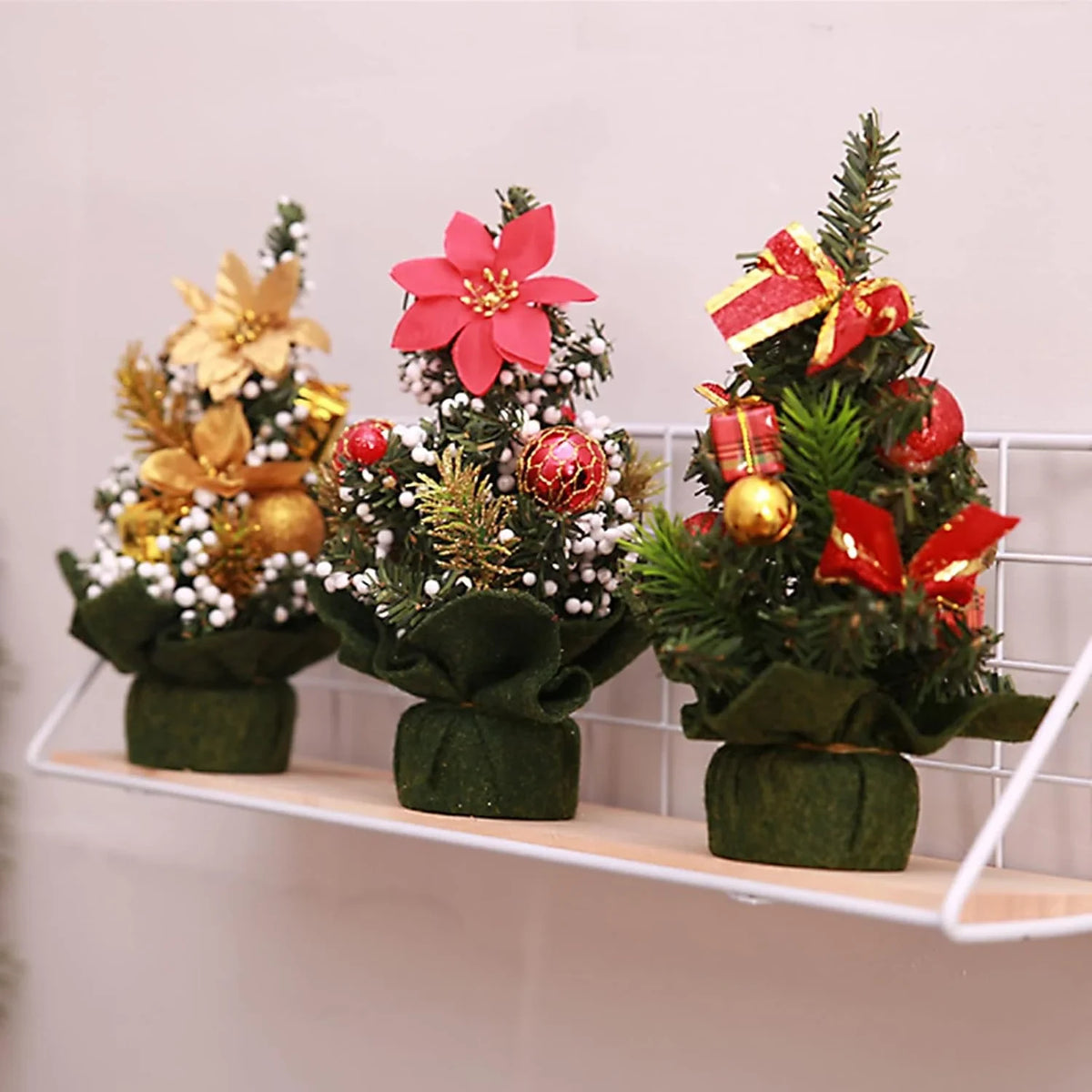 Mini Christmas Tree Tabletop Artificial with Decorative Poinsettia Baubles and Snow Beads - Image 3
