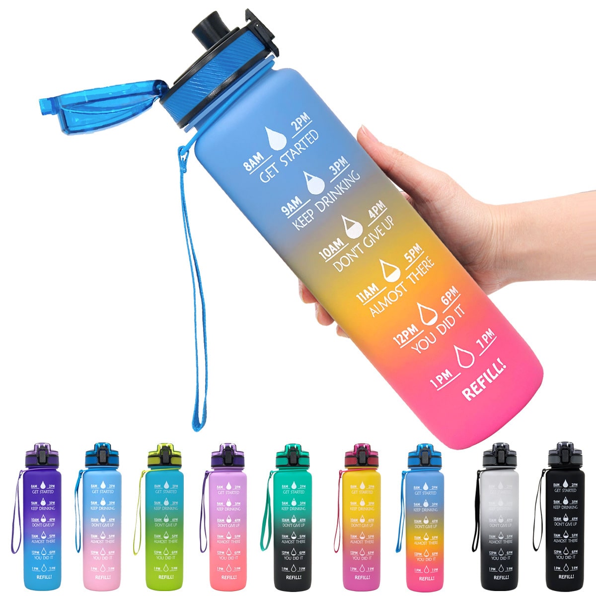 Motivational Sports Water Bottle with Fruit Infuser Time Markers and Flip-Top Lid 32 Oz - Image 38