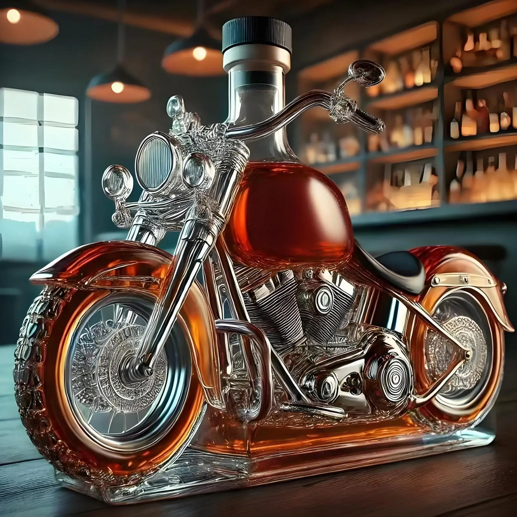 Motorcycle Glass Whiskey Decanter with Black Cap and Molded Engine Details Custom - Image 1