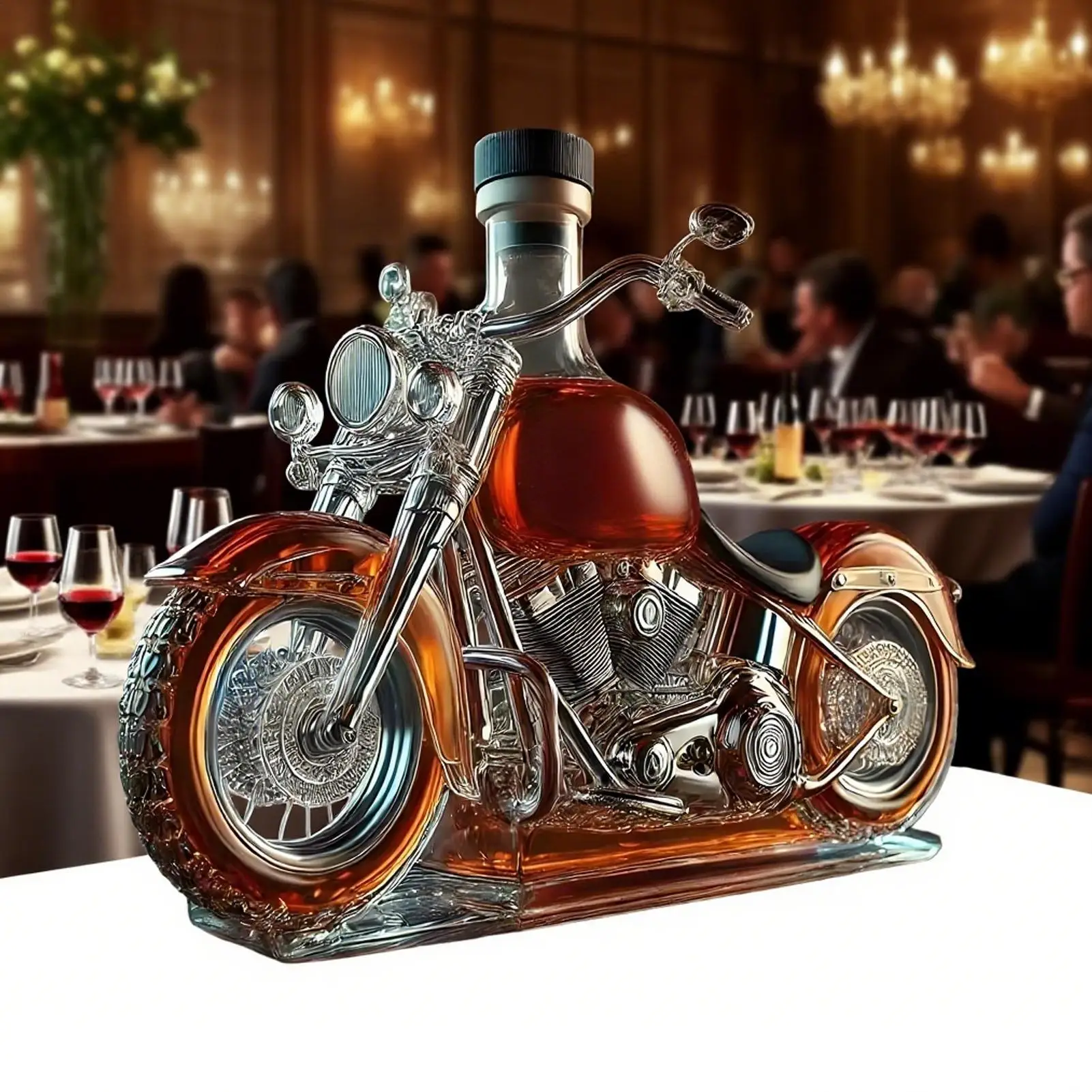 Motorcycle Glass Whiskey Decanter with Black Cap and Molded Engine Details Custom - Image 2
