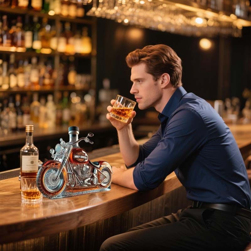 Motorcycle Glass Whiskey Decanter with Black Cap and Molded Engine Details Custom - Image 3